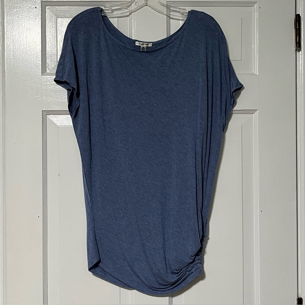 Sophie Max Casual draped heathered Blue Short cap Sleeve ruched knit Tee top
